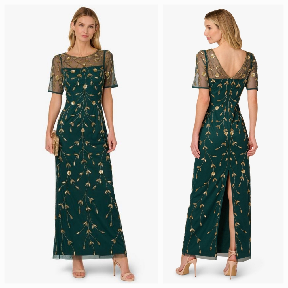 New Papell Studio Green Beaded Floor-Length Evening Formal Gown. Size 8